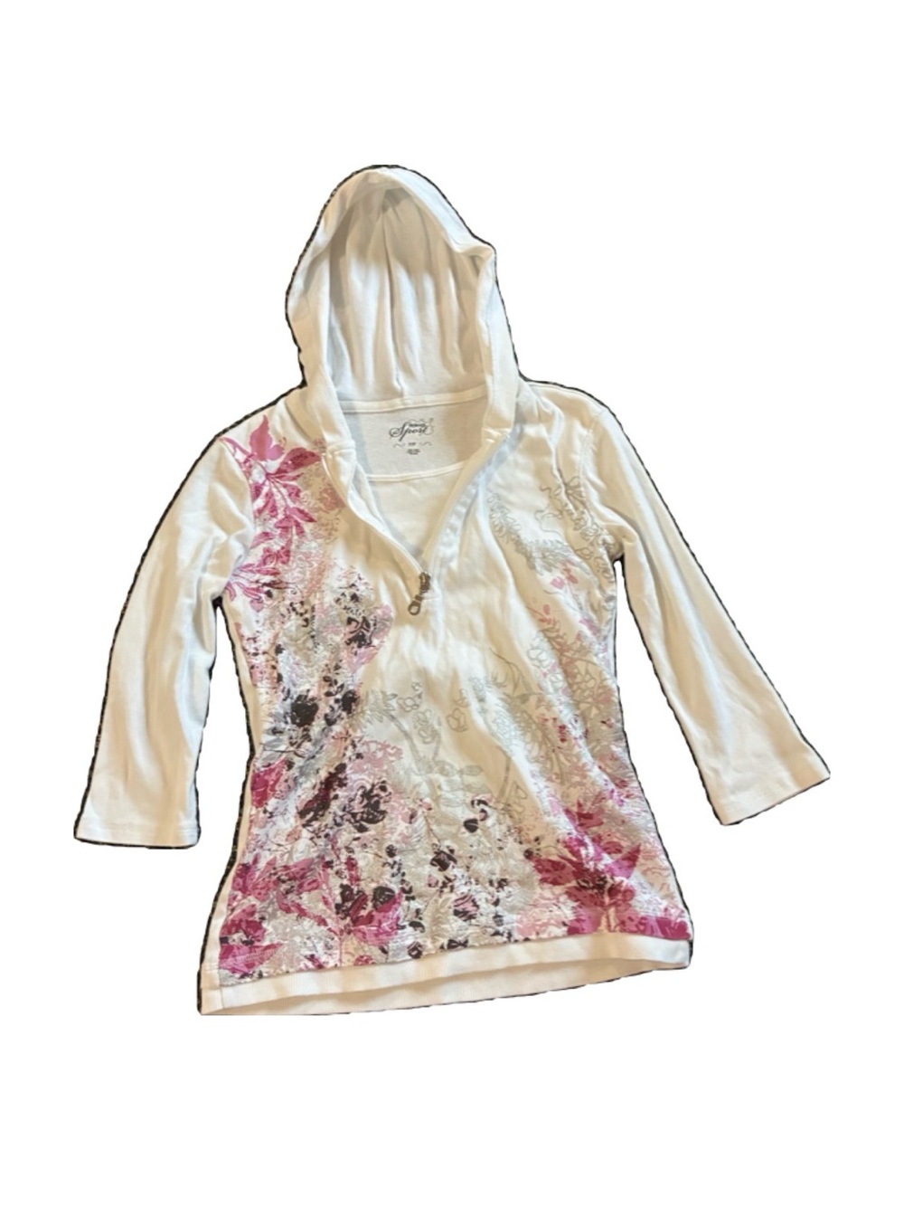 Style & Co. White Hooded Zip-Front Top with Pink Floral Print